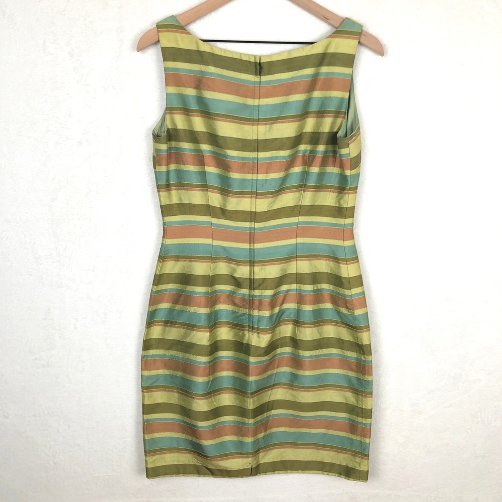 MAGGY LONDON 100% Silk Striped Sheath Dress Sz 8 Green Teal Copper Sleeveless - Picture 2 of 10